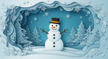 Paper Cut Winter Scene With Snowman Pine Trees And Snowy Blue Background