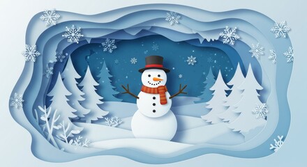 Papercut Illustration of a Snowman in a Snowy Forest at Winter Season