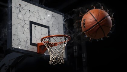 The thrill of the game intensifies as the basketball nears the hoop about to score captured with dynamic motion blur and