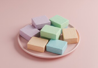 Pastel Colored Cubes Arranged On Pink Plate In Studio Shot Photo