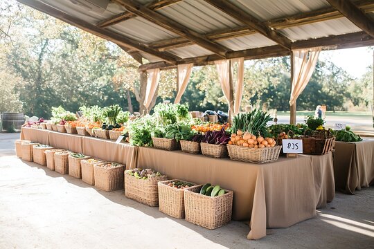 Fresh produce arranged at outdoor farmers market stands under a covered pavilion with lush greenery in the background