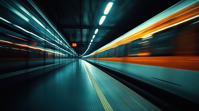 Dynamic shot of a speeding train blurred in motion through a dark station