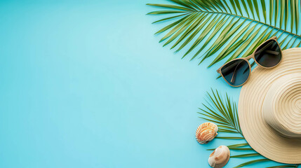 Obraz premium Flat lay of summer essentials on a blue background. Includes a straw hat, sunglasses, seashells, and green palm leaves. Perfect for vacation themes.