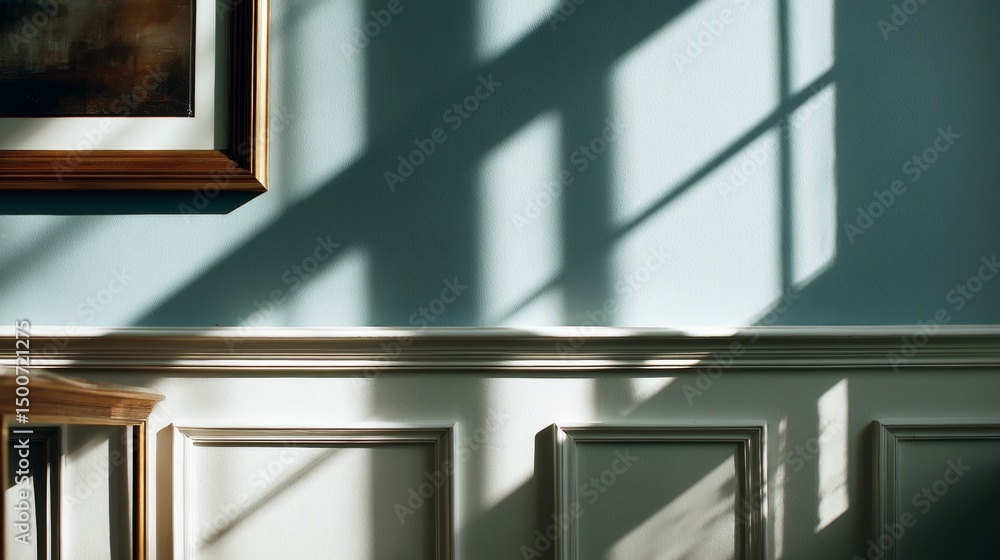 Poster elegant interplay of soft shadows and light on a textured wall, framed art casting a serene aura in 