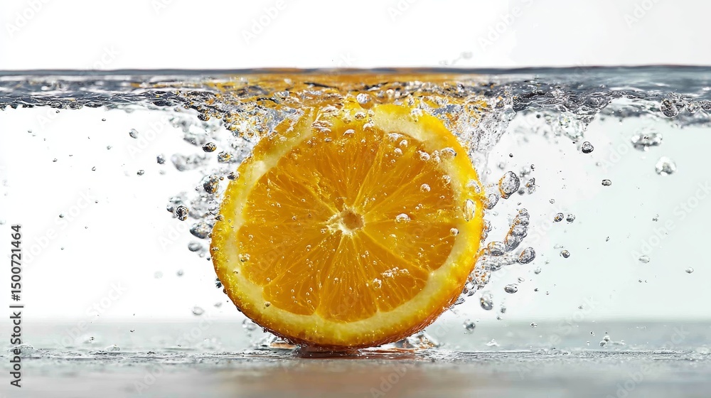 Poster vibrant orange slice bursts into water, creating splashes and bubbles, set against a soft, minimalis