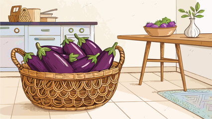 Eggplant in Wicker Basket Rustic Kitchen Vector Illustration
