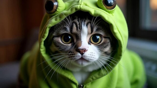 close up portrait of a cat.Cute Tabby Cat in Green Frog Hoodie - Funny Pet Costume Portrait.