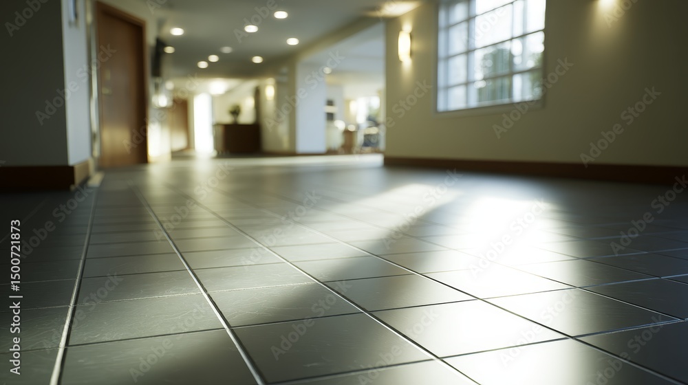 Fototapete Low-angle view of sleek tiled floor reflecting soft light, creating a serene atmosphere in a modern, minimalistic interior space.