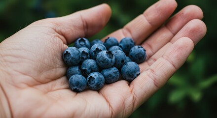 Photo A Handful Of Fresh Blueberries Held In An Open Palm Against Green Background