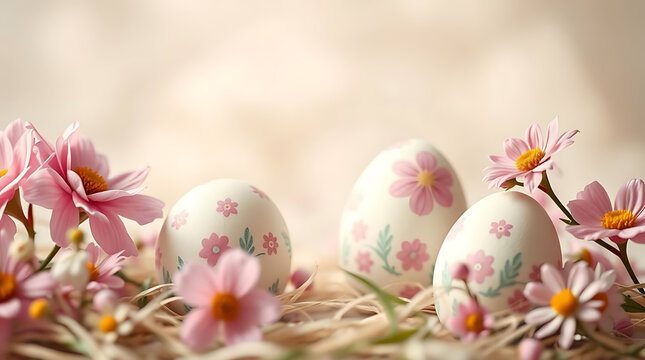 Painted Easter Egg and Pink Flower Arrangement - Powered by Adobe