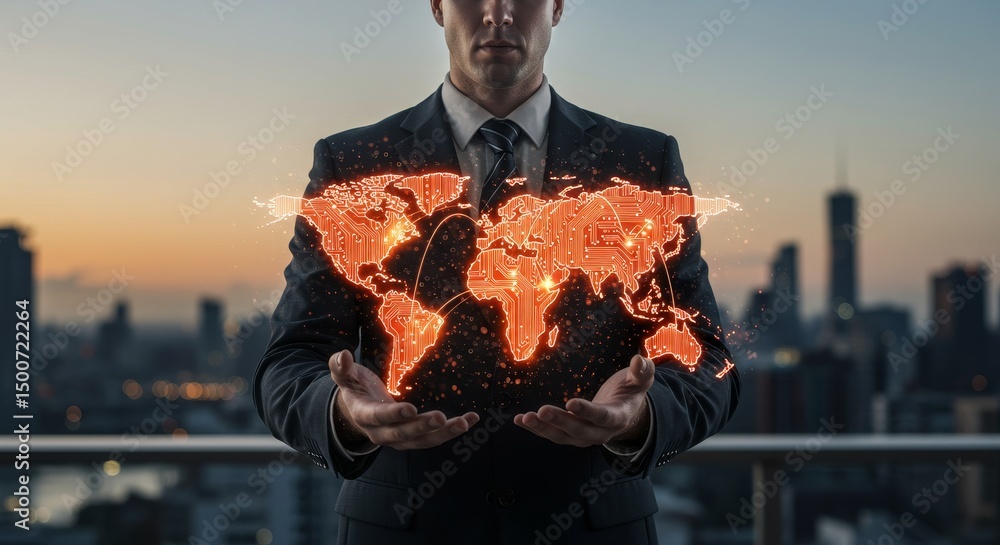 Poster global business network connection - businessman holding glowing world map, symbolizing global netwo
