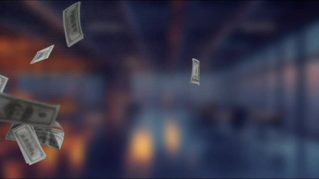 Dynamic scene of flying cash bills in an elegant office setting. This image symbolizes success and ambition in the finance world, perfect for business concepts. MZL