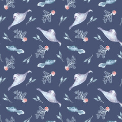Underwater botanical seamless pattern with stingrays and ocean plants watercolor isolated on dark. Marine life with fishes hand painted repeated texture for textile design, stationery, and beachwear.