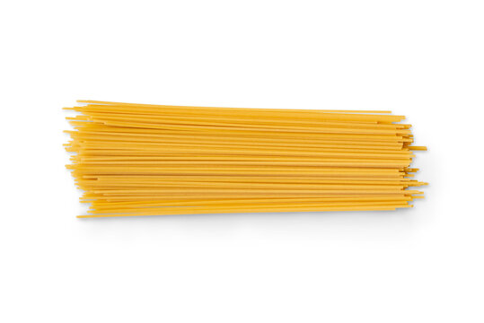 Closeup of a pile of organic spaghetti pasta isolated on a transparent background with shadow from above, top view, png
