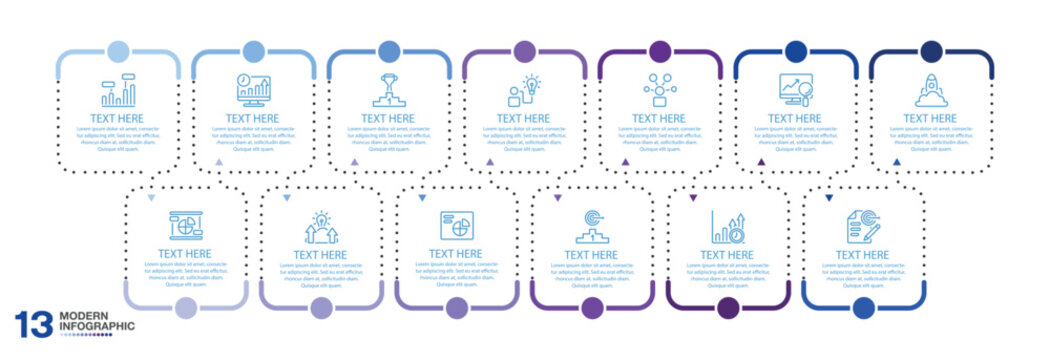 Square infographics design template, with 13 steps or options. Business concept.