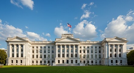 Obraz premium Grand Government Building Facade - Majestic government building on a sunny day, showcasing its classic architecture and American flag