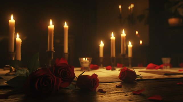 Romantic candlelit dinner with roses.
