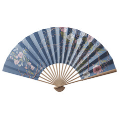 Traditional Japanese Folding Fan with Floral Pattern Isolated on White Background