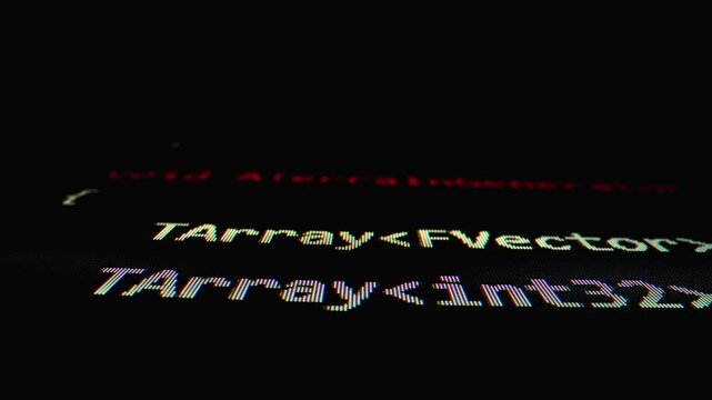 Closeup macro shot movement of coding script moving across LED screen with real-time AI-generated typing, showcasing advanced AI learning in optimization, debug and coding for software development.