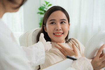 plastic surgery, beauty, Surgeon or beautician touching woman face, surgical procedure that involve altering shape of face, doctor examines patient face, medical assistance, health