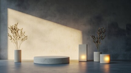 Minimalist display podium with dried plants and ambient lighting.