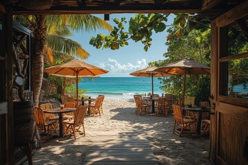 Fototapeta premium Beach bar view, tropical ocean, sunny day, relaxation