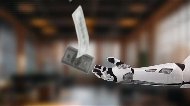 A futuristic robotic arm extends towards floating dollar bills, symbolizing the intersection of technology and finance in a stylish office setting. MZL