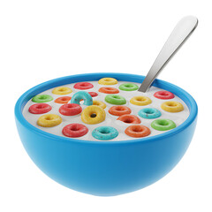 Bowl of Colorful Cereal with Milk Isolated on White Background