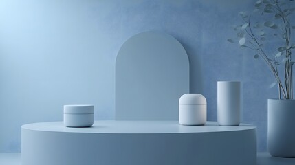 Three simple, light-blue containers on a round platform.