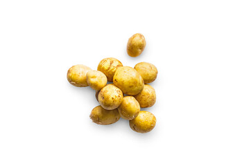 Closeup of a pile of fresh organic potatoes from the garden isolated on a transparent background...
