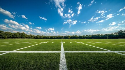 Fototapeta premium Underneath the summer sky the pristine football field gleams awaiting the thrill of victory and community spirit beneath