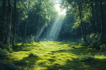 Sunbeams in lush green forest clearing
