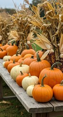 Photo Display of Pumpkins and Corn Stalks on a Rustic Wooden Table Outdoors