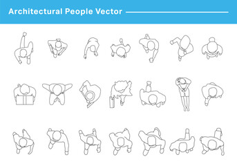 CAD Drawings. Set people outlines isolated on grey background. Sitting, walking, running. Top view. Vector illustration.