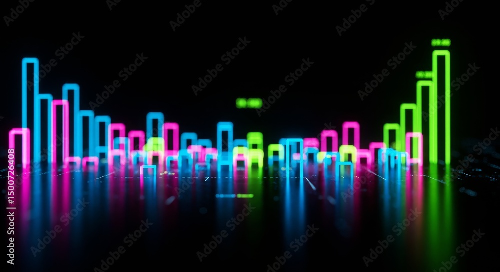 Aufkleber neon glowing bars chart financial data visualization - abstract financial data visualization, neon g