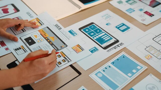 Excellent startup company employee presenting user interface prototype for mobile application to smart manager in office workspace. UX UI designer explain function of icon design on paper. Synergic