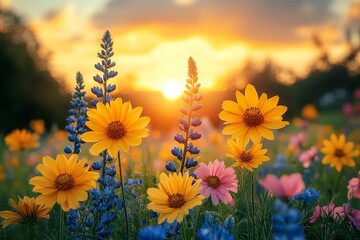 Sunset wildflowers meadow summer nature
