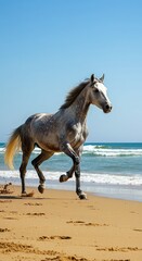 Majestic thoroughbred horse running on tropical beach with blue sea and clear sky

