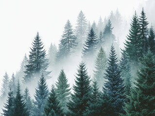 Obraz premium Misty pine trees cover a forested hillside, creating a serene and tranquil natural landscape.