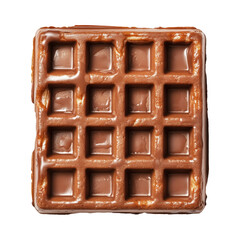 Tasty golden waffle drenched in glossy melted chocolate syrup, isolated on white transparent background, dessert concept.