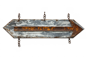 Rustic weathered wooden arrow sign with metal