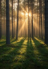 Naklejka premium Photo of a Forest with Sunlight Shining through Trees and Haze