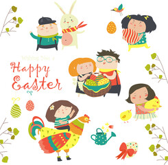 Vector set of characters and icons on the Easter theme in cartoon style