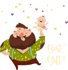 Happy father smiling with little baby. Vector illustration