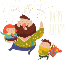 Inscription Happy Fathers Day. Dad holding his son and daughter. Vector illustration