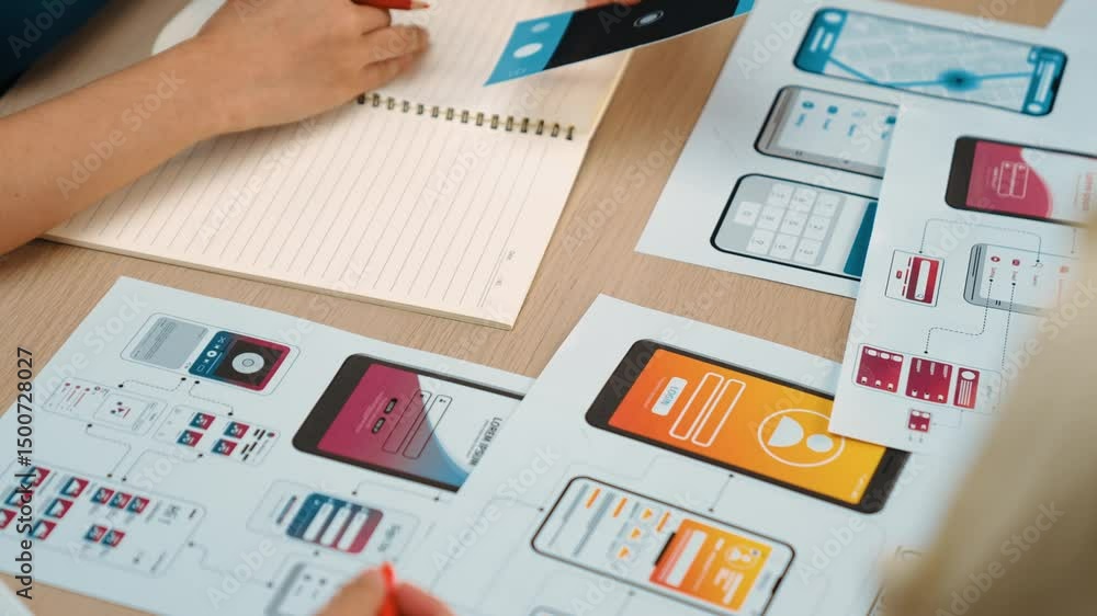 Poster panorama video of startup ux developer or company employee design user interface or ui prototype for