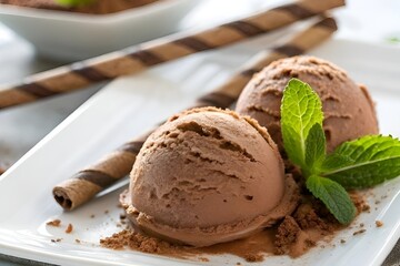 Decadent Chocolate Ice Cream Scoops with Mint and Wafer Garnish on White Plate