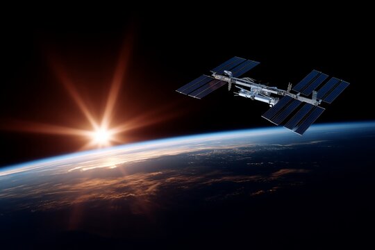 Space station orbiting Earth, sunrise - Powered by Adobe
