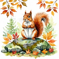  AI generated watercolor of a red squirrel standing on a mossy rock with colorful autumn leaves