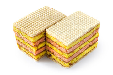 Two puff waffle cakes on a white background. Sweet confectionery close-up.